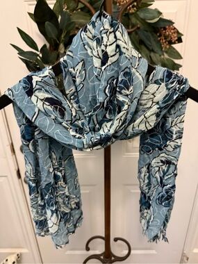 Loft Artsy Blue Floral Print Lightweight Soft Long Scarf OS